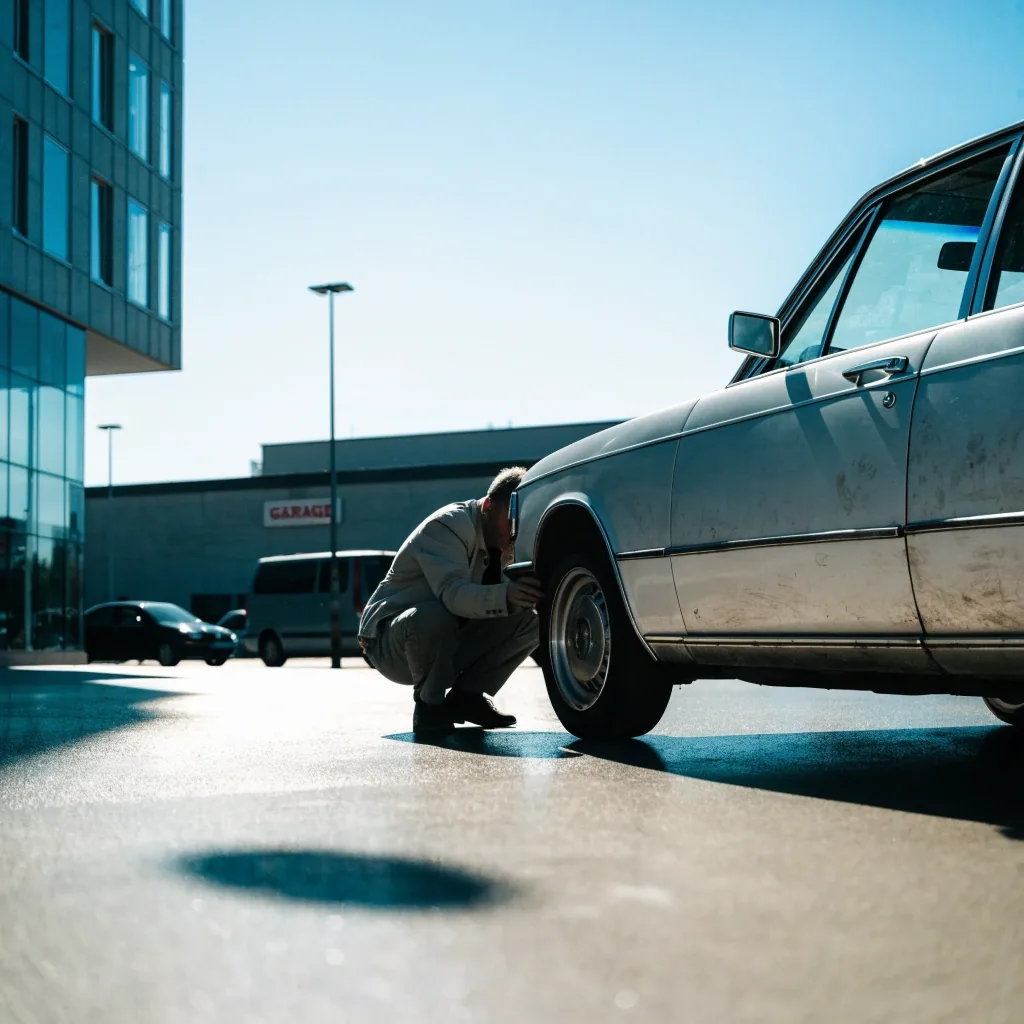 Gebrauchtwagen in Seitenansicht auf hellem Asphalt bei hartem Mittagslicht