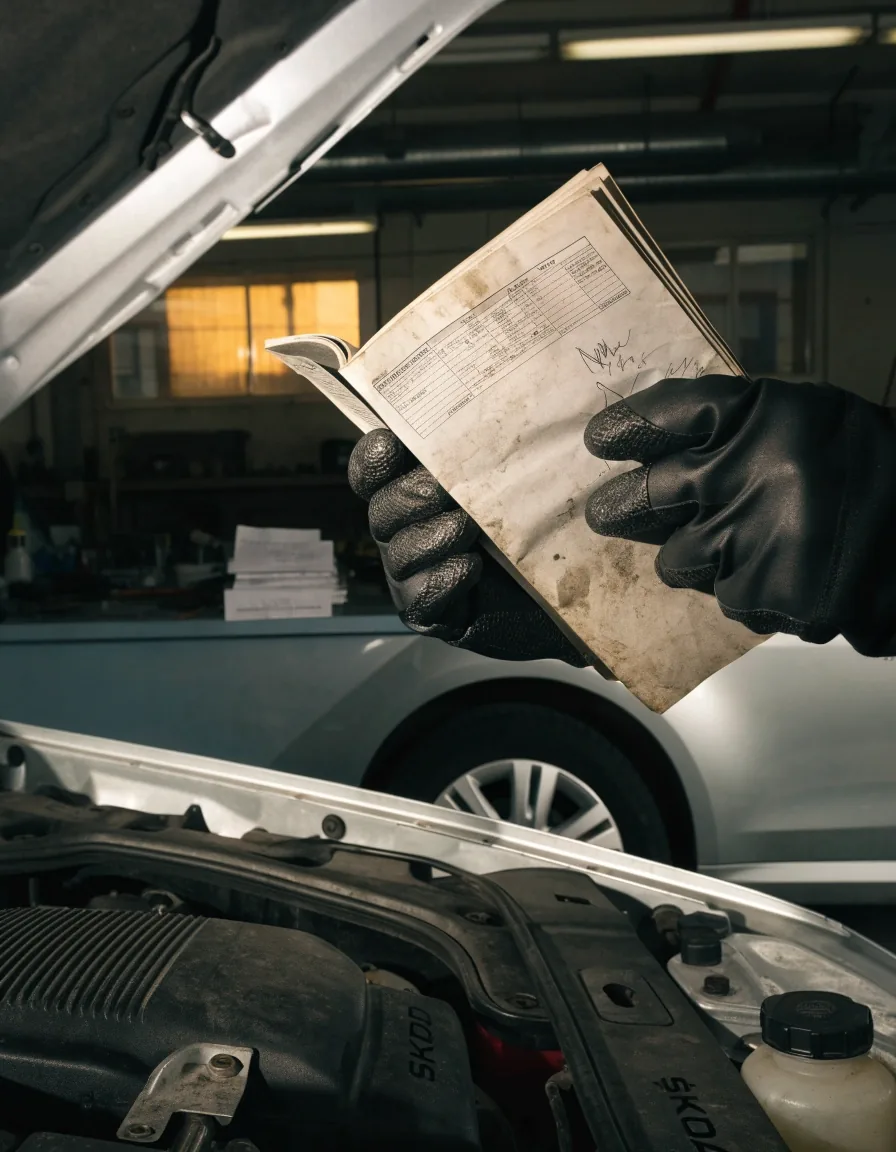 Geführtes Scheckheft und Werkstattbelege auf einer Werkbank neben einem geöffneten Motorraum